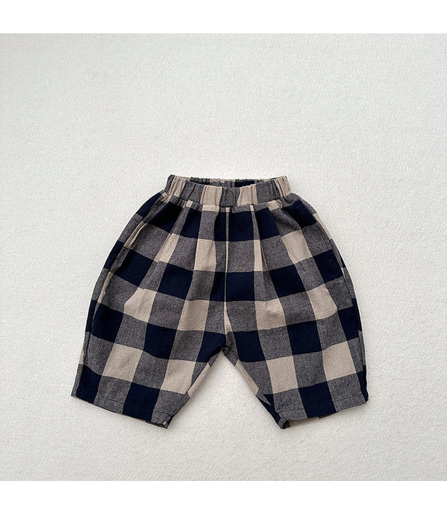 Retro Blue Plaid Casual Capri Pants Children's Middle Pants