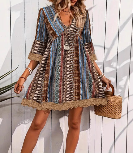 Bohemian Style V-neck Printed Dress Fashion Casual Loose Beach Dresses For Women
