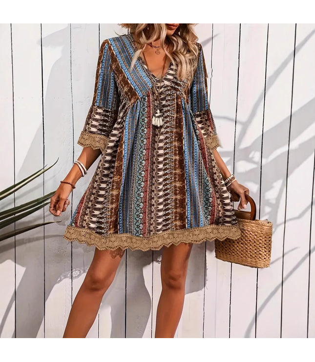 Bohemian Style V-neck Printed Dress Fashion Casual Loose Beach Dresses For Women