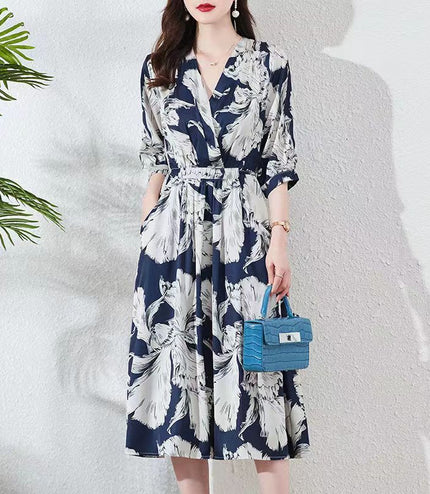 New Waist-controlled Lace-up 34 Sleeve V-neck Printed Skirt