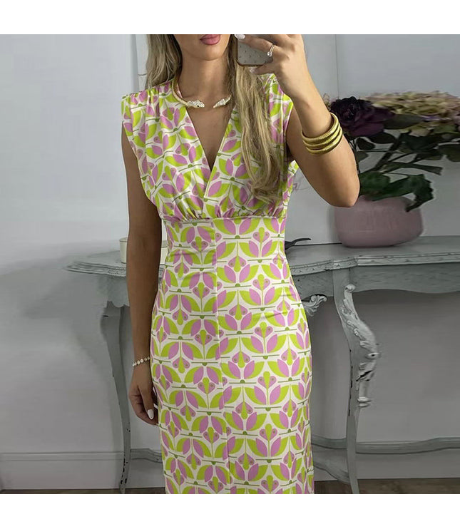 Deep V Split Print Dress Slim Fit
