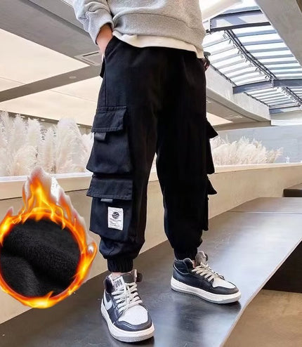 Men's Medium And Large Children's Multi-bag Fleece Ankle-tied Casual Working Pants Tide