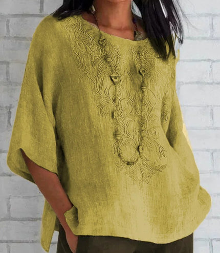 Autumn And Winter Women's Three-quarter Sleeve Loose Casual Print T-shirt Linen Cotton And Linen