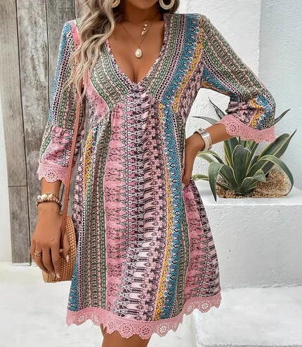 Bohemian Style V-neck Printed Dress Fashion Casual Loose Beach Dresses For Women