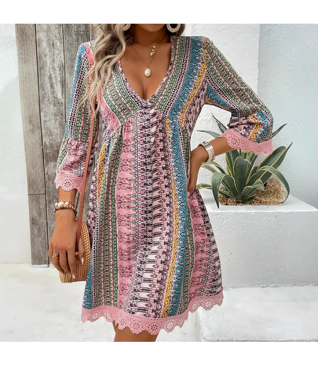 Bohemian Style V-neck Printed Dress Fashion Casual Loose Beach Dresses For Women