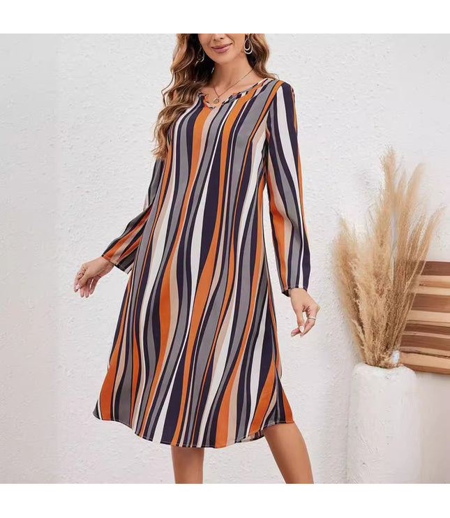 European And American Striped Print Elegant Style Long Sleeve V-neck Dress Women