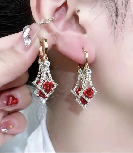 Elegant Diamond Rhinestone Lovely Rose Earrings