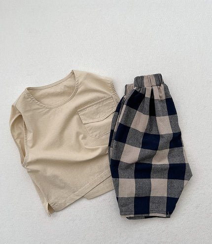 Retro Blue Plaid Casual Capri Pants Children's Middle Pants
