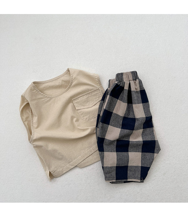 Retro Blue Plaid Casual Capri Pants Children's Middle Pants