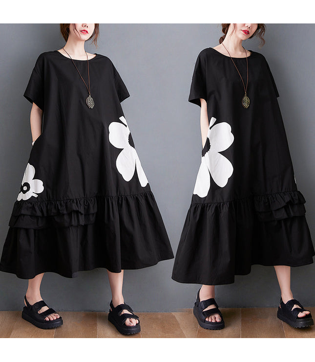 Black Median To Long Design Print Dress Female