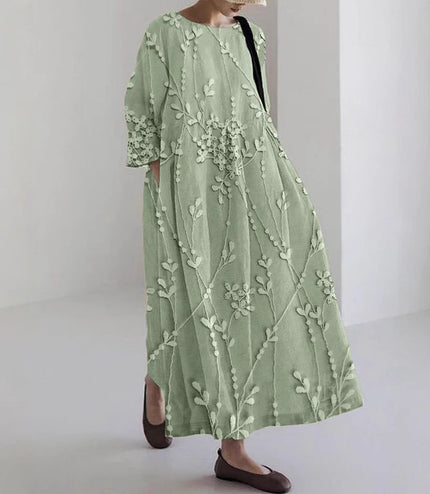 Flower Loose Round Neck Fashion Middle-sleeve Floral-print Dress