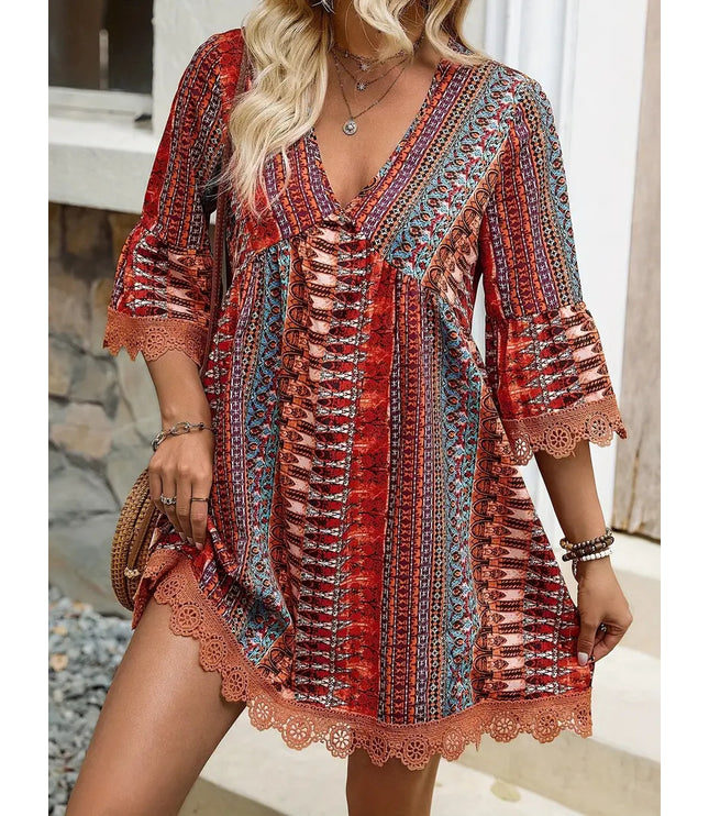 Bohemian Style V-neck Printed Dress Fashion Casual Loose Beach Dresses For Women