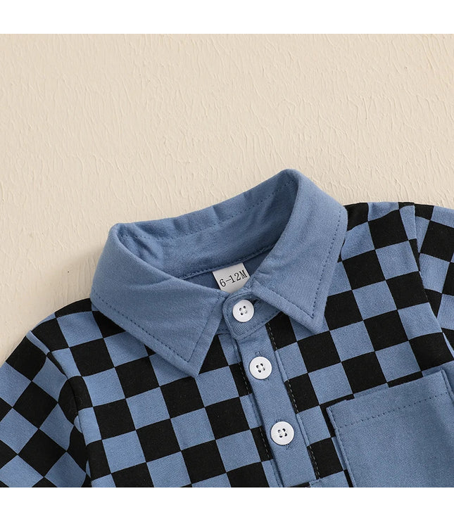 Boys' Lapel Plaid Short Sleeve T-shirt Shorts Set