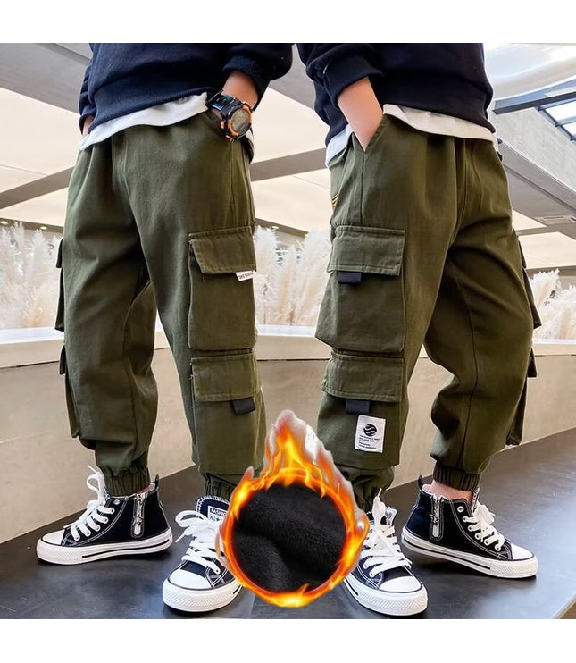 Men's Medium And Large Children's Multi-bag Fleece Ankle-tied Casual Working Pants Tide