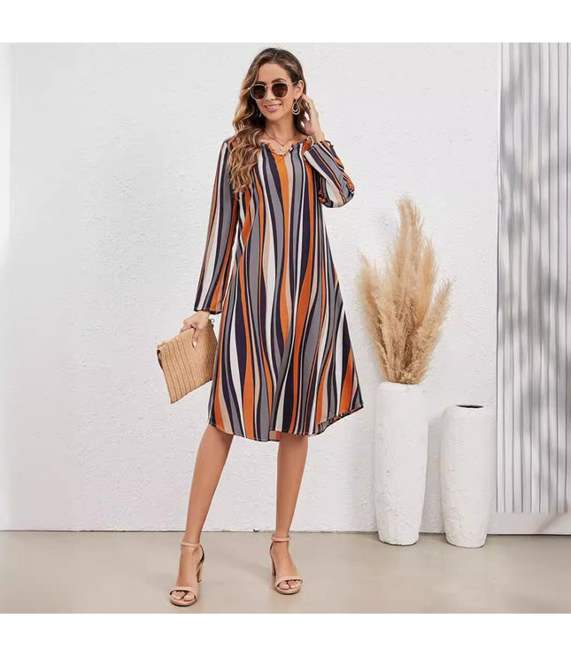 European And American Striped Print Elegant Style Long Sleeve V-neck Dress Women