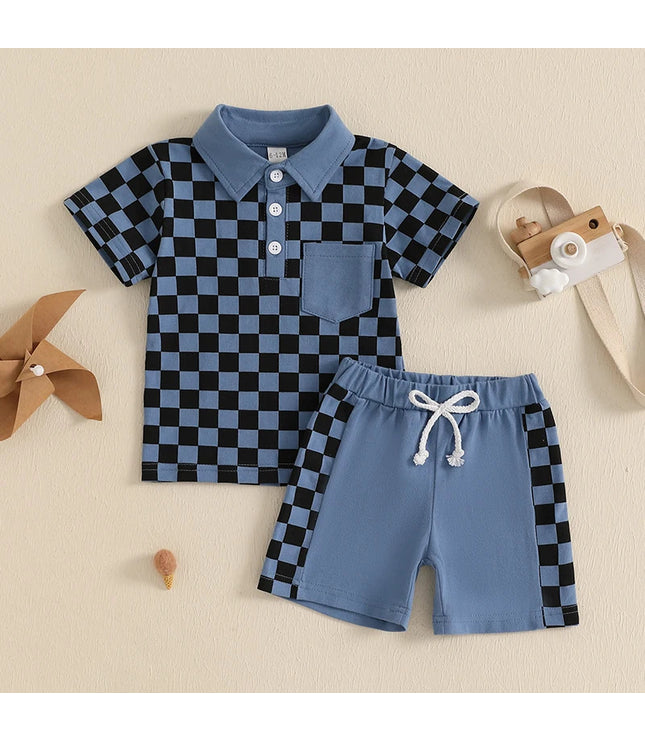 Boys' Lapel Plaid Short Sleeve T-shirt Shorts Set