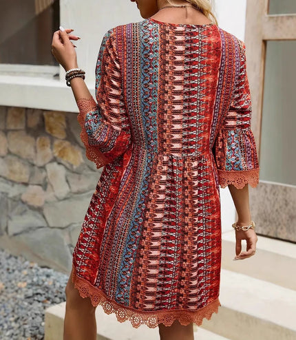 Bohemian Style V-neck Printed Dress Fashion Casual Loose Beach Dresses For Women