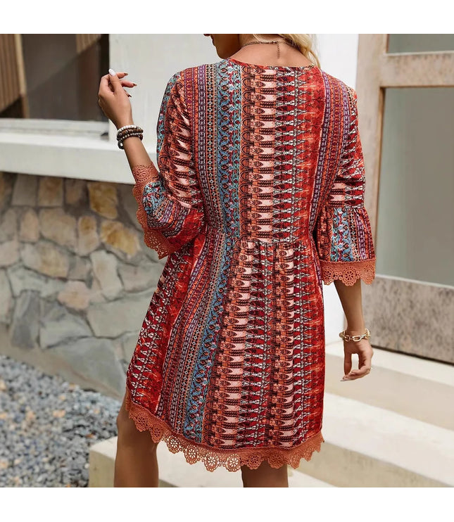 Bohemian Style V-neck Printed Dress Fashion Casual Loose Beach Dresses For Women