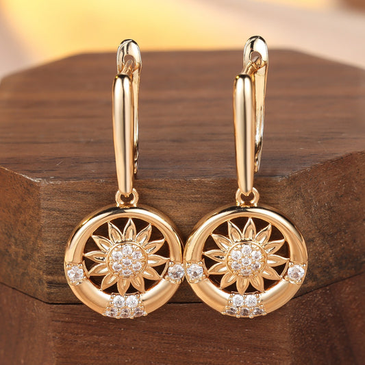 Round White Diamond Sunflower Earrings For Women