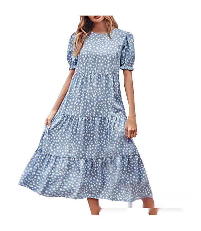 Printed Solid Color Round Neck Short Sleeves Casual Pleated Swing Dress Women