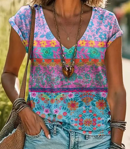 Casual Loose Fashion Digital Printing Multi-color Short Sleeve Women