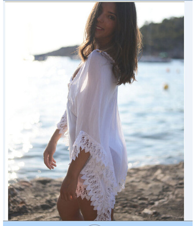 Fashion Solid Color Beach Bikini Lace White Blouse