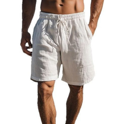 Cotton Linen Shorts Drawstring Elastic Waist Straight Leg