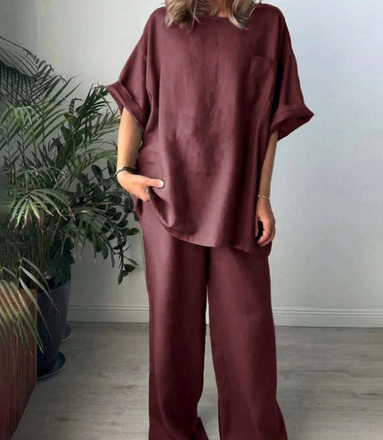 2pcs Women Solid Color Crew Neck Short Sleeve Top And Long Pants Casual Outfit