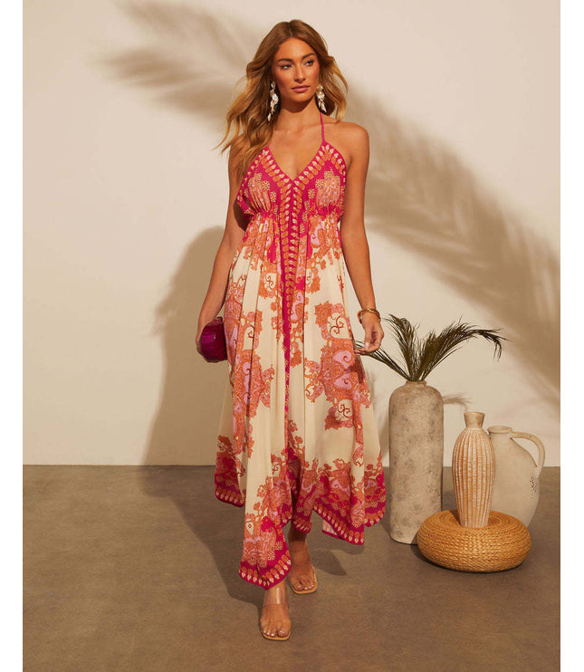 Off-the-shoulder V-neck Women's Clothing Spaghetti-strap Floral Print Dress