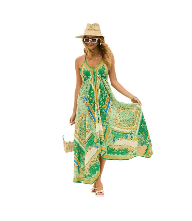 Off-the-shoulder V-neck Women's Clothing Spaghetti-strap Floral Print Dress