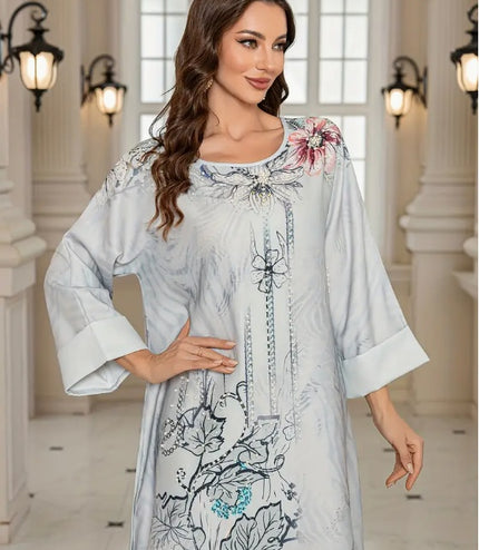 Elegant Floral Print Long Sleeve Abaya Dress