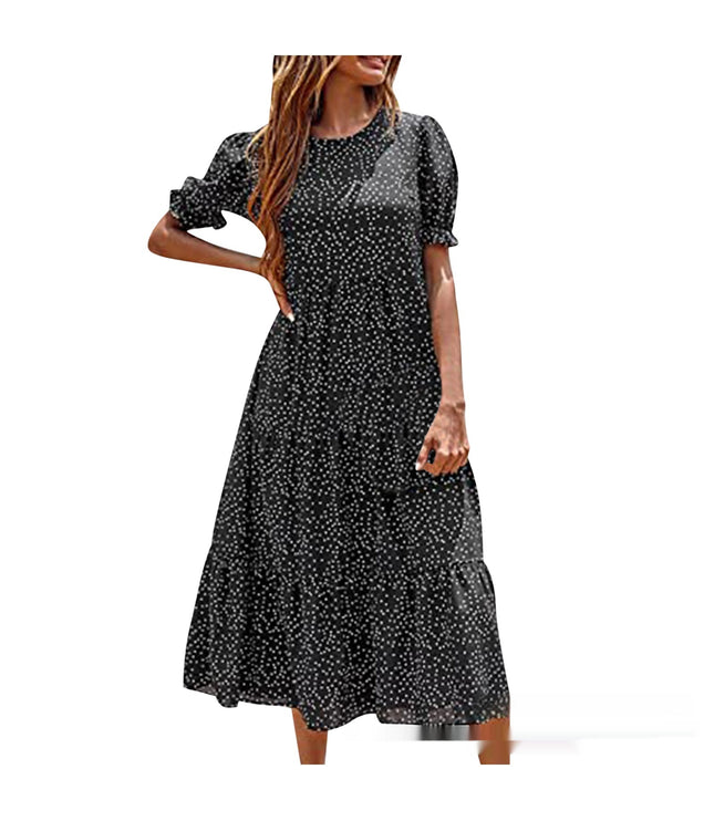Printed Solid Color Round Neck Short Sleeves Casual Pleated Swing Dress Women