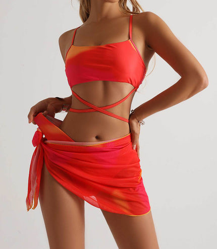 3pcs Tie Dye Print Bikini With Short Skirt Summer Beach Sexy Swimwear Womens Clothing