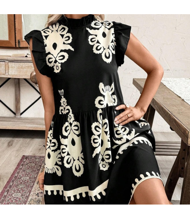 Holidaya Printed Ruffle Collar Flare Sleeve Loose Cake Dress