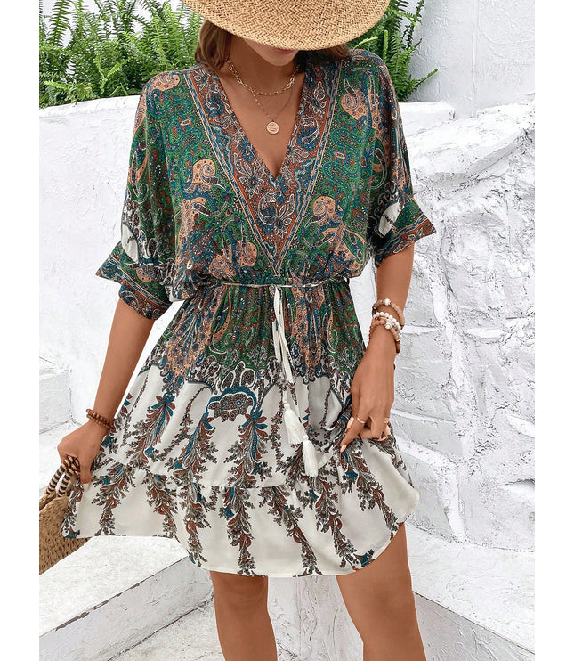 Paisley Print Batwing Sleeve Tassel Tie Front Ruffle Hem Dress
