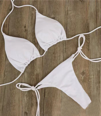 2pcs Halterneck Lace-up Bikini Women Summer Solid Color Sexy Split Strap Adjustable Swimsuit Suit