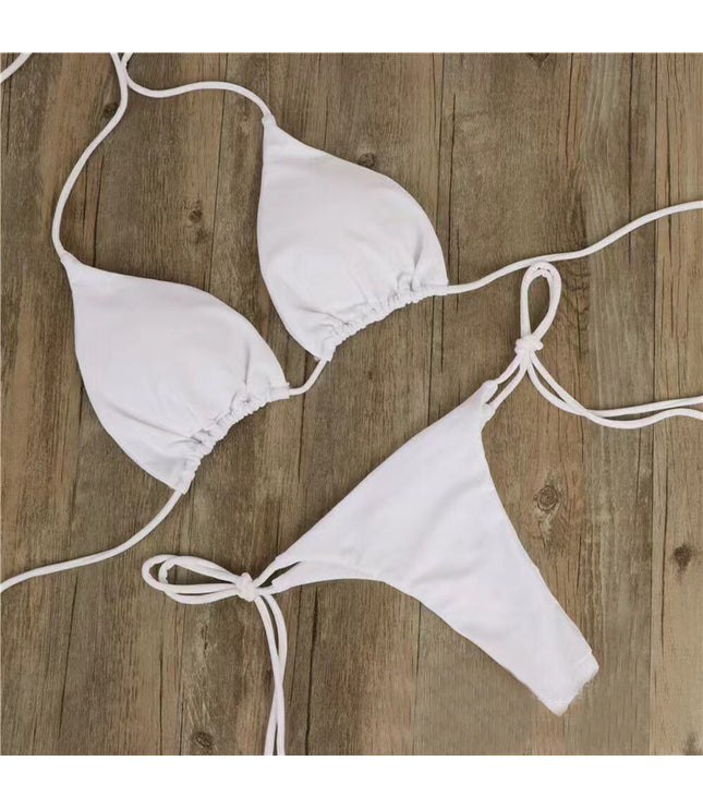 2pcs Halterneck Lace-up Bikini Women Summer Solid Color Sexy Split Strap Adjustable Swimsuit Suit