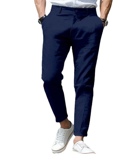 Men's Linen Summer Button Front Slant Pocket Straight-leg Trousers