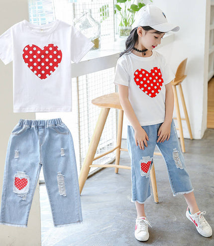 Girls White T-shirt Ripped Jeans Kids Suit