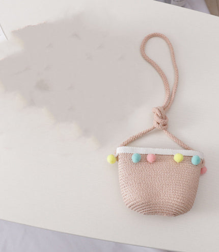 Small Ball Solid Color Children Straw Hat Bag Set