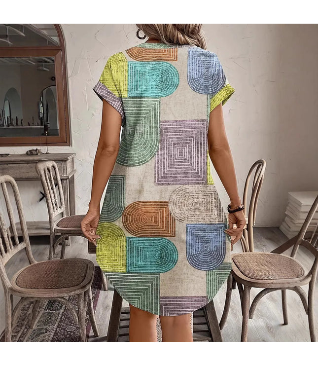 Printed Woven Elegant V-neck Button Dress