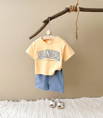 Summer Baby Letter Print Short-sleeve Top Denim Shorts Suit