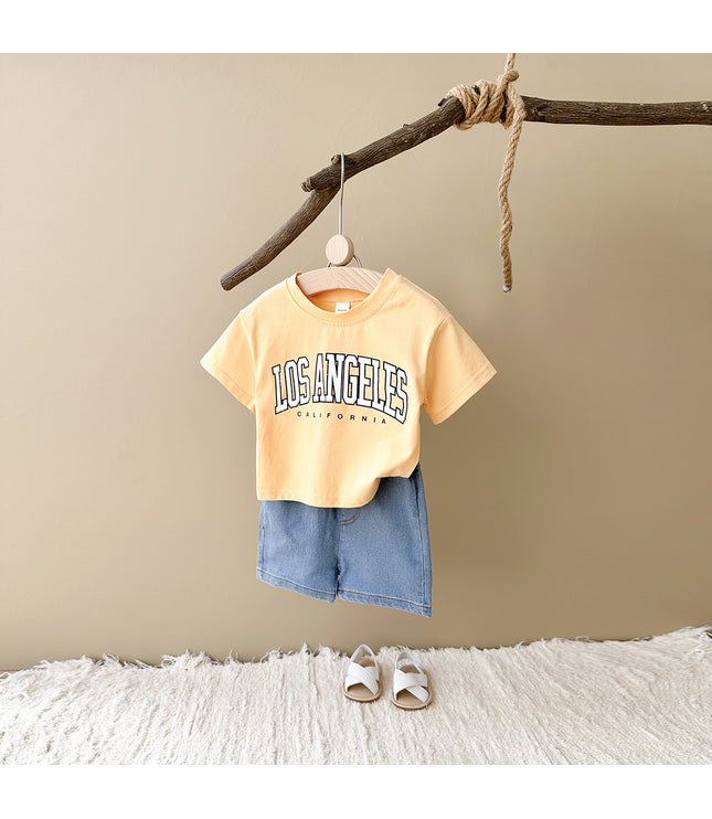 Summer Baby Letter Print Short-sleeve Top Denim Shorts Suit