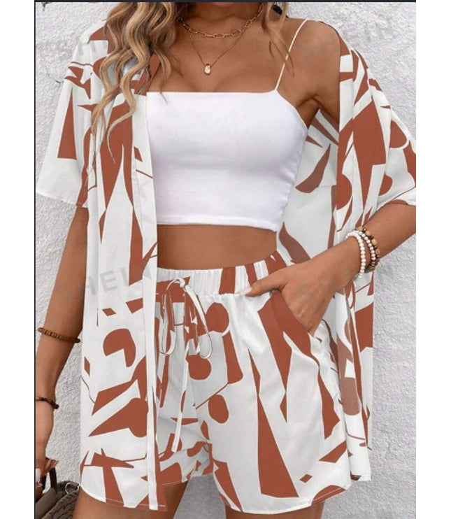 EMERY ROSE Color Blocking Geometric Printed Button Up Short Sleeve Top And Shorts Set For Summer Casual Vacation