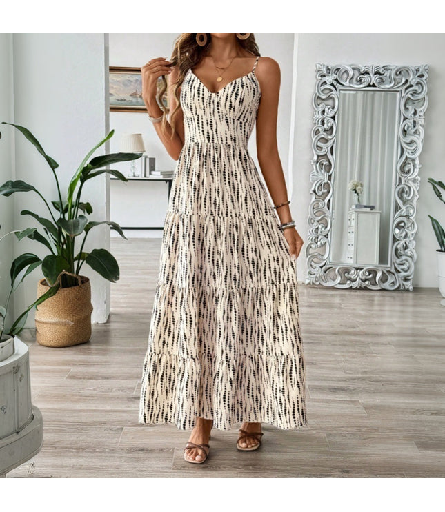 European And American Vacation Style Sling Dress Irregular Stripe Design