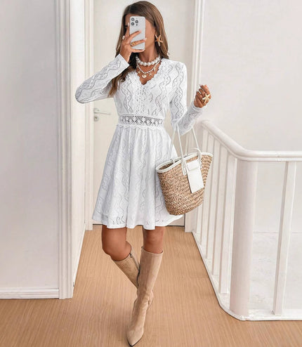 Elegant Women's Solid Color Lace Patchwork Mini Holiday Dress