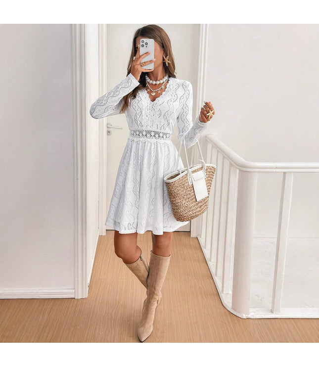 Elegant Women's Solid Color Lace Patchwork Mini Holiday Dress