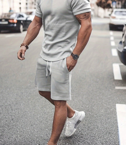 Men's Outfit, Solid Casual Crew Neck Short Sleeve T-Shirt & Drawstring Shorts 2-piece Set For Summer Outdoor Activities