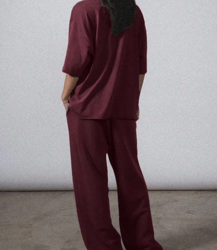 2pcs Women Solid Color Crew Neck Short Sleeve Top And Long Pants Casual Outfit
