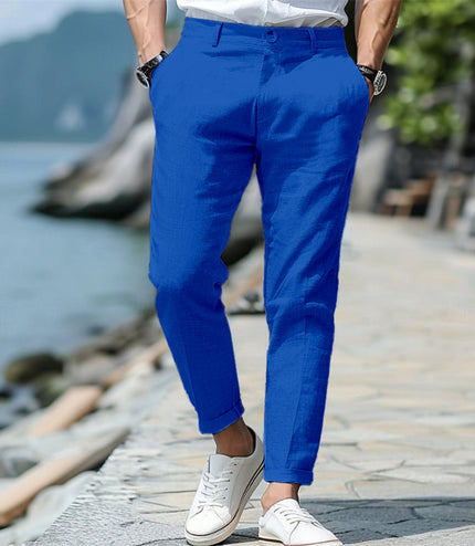 Men's Linen Summer Button Front Slant Pocket Straight-leg Trousers